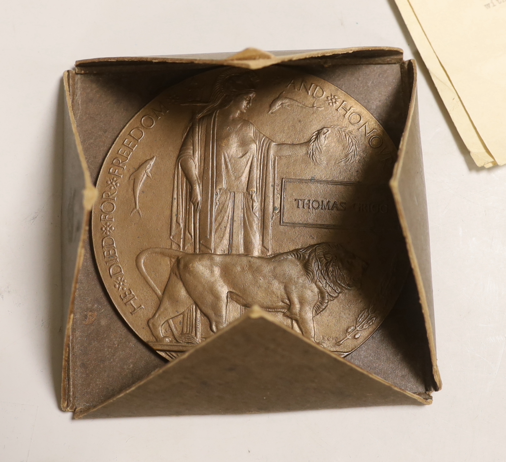 A WWI death plaque and Victory Medal to 2566 Private Thomas Grigg 38th Battalion, Australian Imperial Force